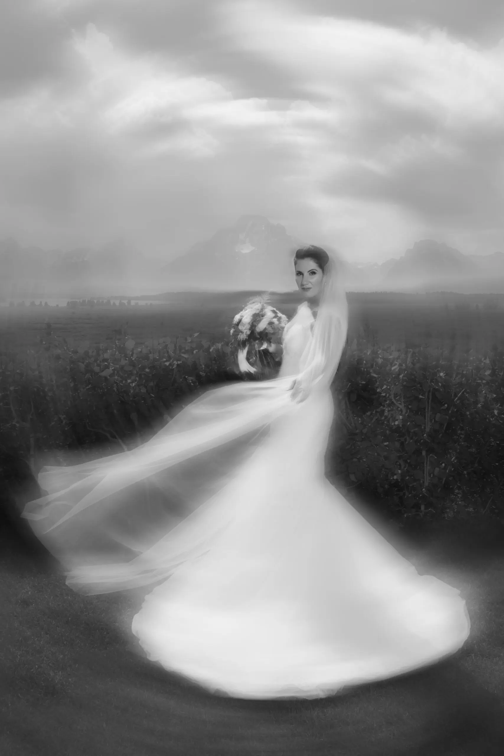 Artistic Blur Black and White Bridal Portrait in Grand Teton National Park